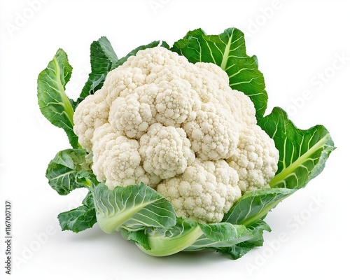 Fresh whole cauliflower with green leaves isolated on white background.