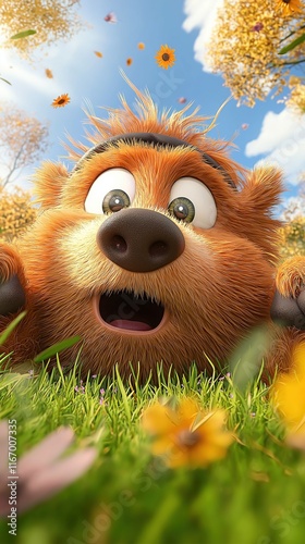 Cartoon bear enjoying a sunny day in a vibrant flower-filled meadow with joyful expressions