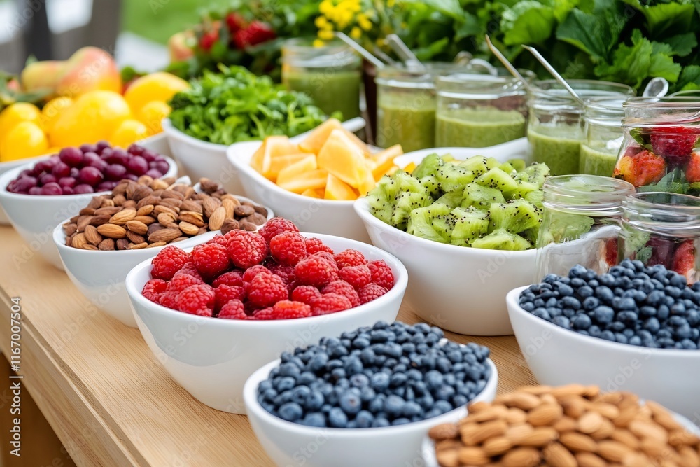 Colorful Plant Based Smoothie Bar Setup with Fresh Fruit and Nuts Colorful Plant Based Smoothie Bar Setup with Fresh Fruit and Nuts