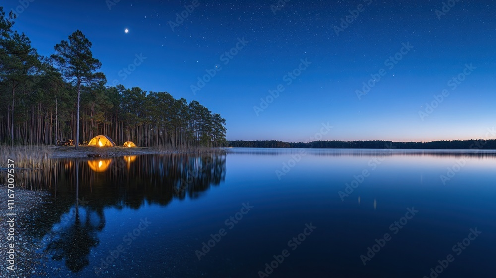 Obraz premium Two illuminated tents beside a tranquil lake under a starlit night sky.