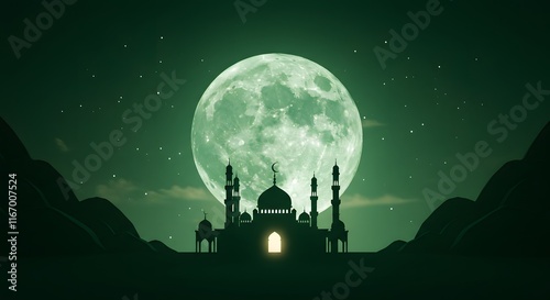 Stunning green toned silhouette of a mosque with a glowing full moon, capturing the mystique of Islamic festivals like Eid and Ramadan, perfect for posters and event design photo