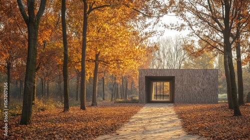 Picturesque autumn landscape with colorful fall foliage and a tranquil path leading towards a minimalist modern gate structure in a serene forest park setting