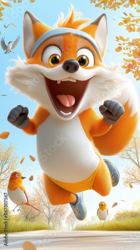 Lively cartoon fox wearing sporty headbands joyfully runs in a vibrant autumn park surrounded by playful birds