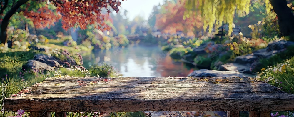 Serene Outdoor Scene with Wooden Table Overlooking Tranquil Water and Colorful Autumn Foliage in a Peaceful Natural Setting Serene Outdoor Scene with Wooden Table Overlooking Tranquil Water and Colorful Autumn Foliage in a Peaceful Natural Setting