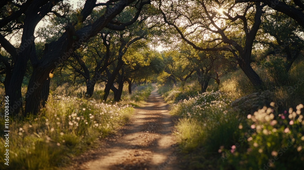 Sunlit path through a verdant, tree-lined trail. Sunlit path through a verdant, tree-lined trail.