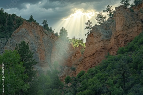 A photo of a red rock landscape at sunset in the White Canyon, Utah, with sun rays shining through the clouds above. High resolution, high detail, with soft natural lighting
