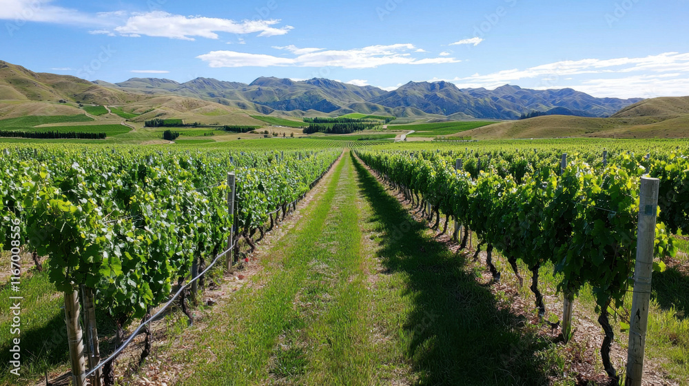 A long row of grape vines with a clear blue sky in the background A long row of grape vines with a clear blue sky in the background