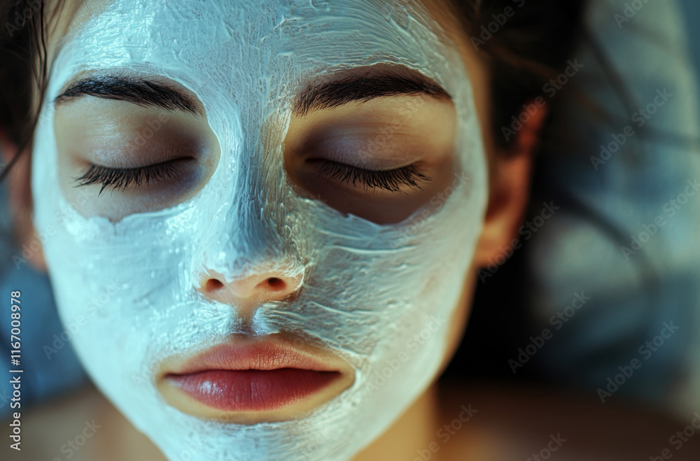 A woman reclines comfortably with a white face mask on, enjoying a skincare routine. Soft lighting creates a serene atmosphere perfect for relaxation. A woman reclines comfortably with a white face mask on, enjoying a skincare routine. Soft lighting creates a serene atmosphere perfect for relaxation.
