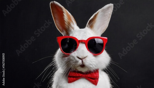 Stylish White Bunny Wearing Red Sunglasses on a Black Background. Perfect for Easter-Themed Designs, Festive Marketing Campaigns, Holiday Cards, Social Media Posts, and Seasonal Merchandise Inspirati photo