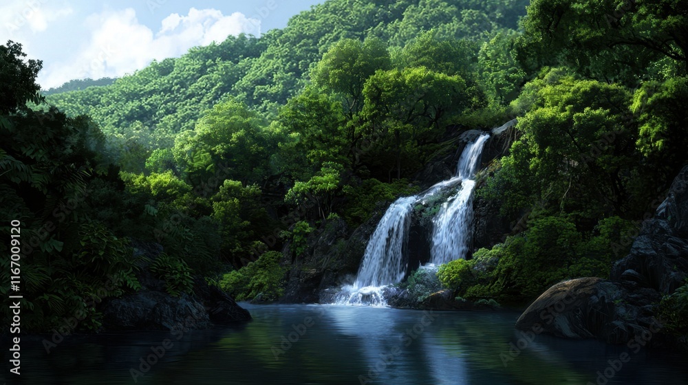A beautiful waterfall surrounded by lush green trees A beautiful waterfall surrounded by lush green trees
