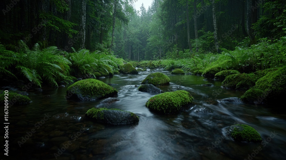 Obraz premium A stream with moss growing on the rocks