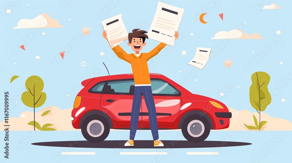 Obraz premium Professional Young Man Standing Next to Red Car: Driving License Concept