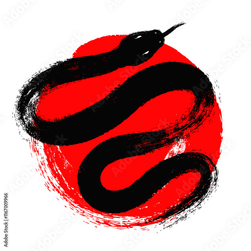 Brush stroke snake on red circle, vector illustration