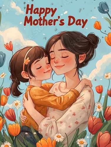 Sweet cartoon-style illustration of a mother and daughter embracing on Mother's Day with vibrant flowers in a sunny sky