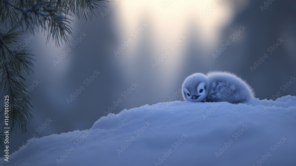 Adorable fluffy penguin chick huddles on snowy hill at sunset. Adorable fluffy penguin chick huddles on snowy hill at sunset.