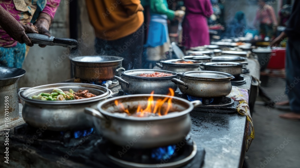 LPG gas stoves set up at a street food market, with vendors preparing meals LPG gas stoves set up at a street food market, with vendors preparing meals