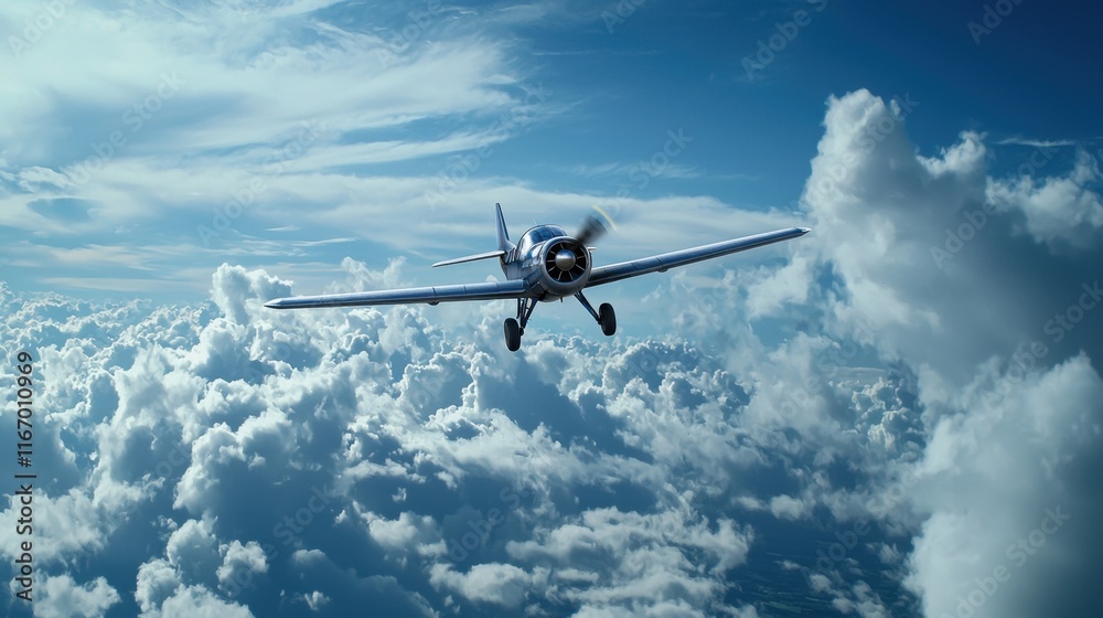 A small plane is flying through a cloudy sky A small plane is flying through a cloudy sky