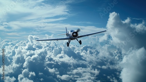A small plane is flying through a cloudy sky