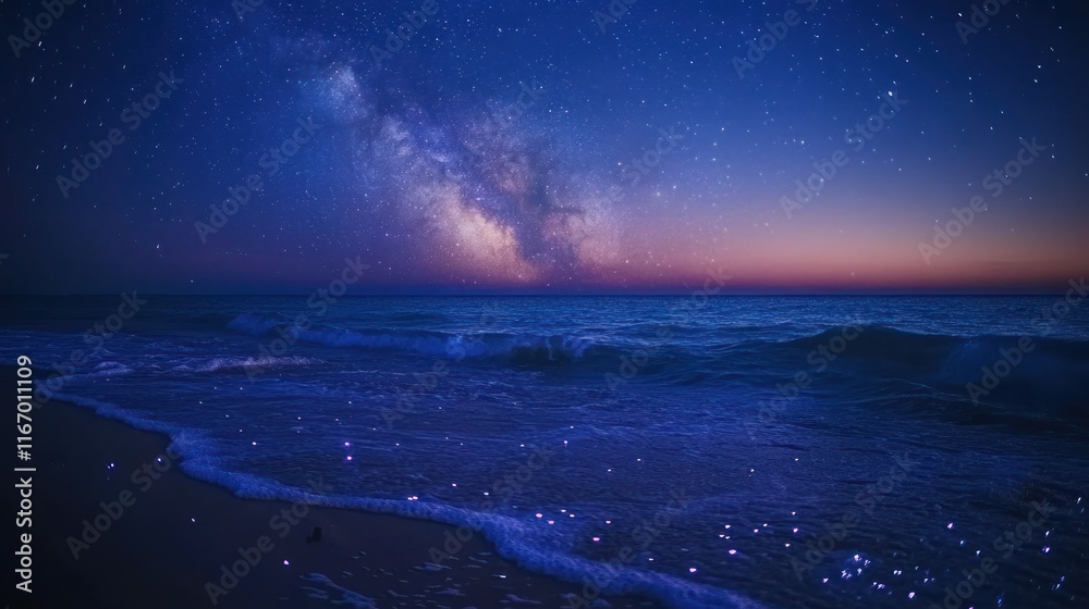 Milky Way galaxy over tranquil ocean waves at night. Milky Way galaxy over tranquil ocean waves at night.