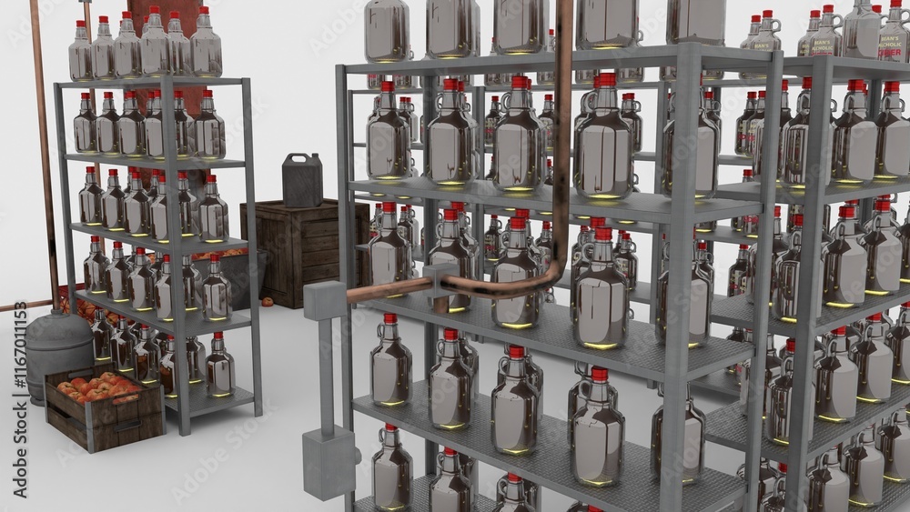 Fototapeta premium apple cider basement with glass bottles on rack