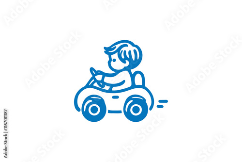 Minimalist blue line art of a toddler boy driving a small car. logo, icon, print