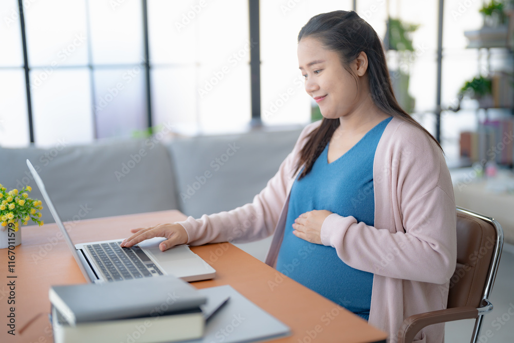 Pregnant asian woman using laptop at home pregnant businesswoman typing on laptop working on remote project in home office pregnancy Pregnant asian woman using laptop at home pregnant businesswoman typing on laptop working on remote project in home office pregnancy