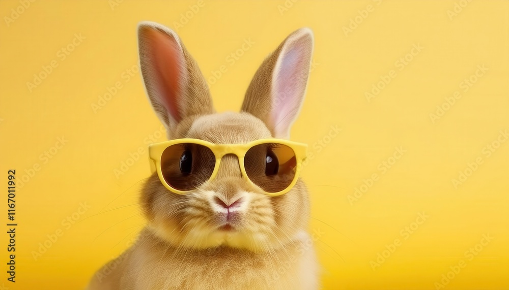 Obraz premium Adorable Bunny Wearing Yellow Sunglasses on Bright Yellow Background. Perfect Easter Theme for Cards, Social Media Posts, Spring Promotions, or Happy Vibes Concept with a Cute and Stylish Twist