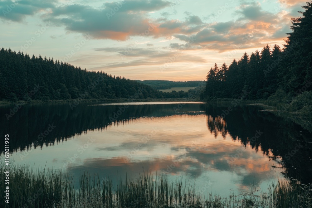 A serene lake reflecting the colorful sky at sunset, surrounded by a dense pine forest and distant mountains. The water is calm, with reflections of clouds and trees creating an idyllic scene that cap A serene lake reflecting the colorful sky at sunset, surrounded by a dense pine forest and distant mountains. The water is calm, with reflections of clouds and trees creating an idyllic scene that cap