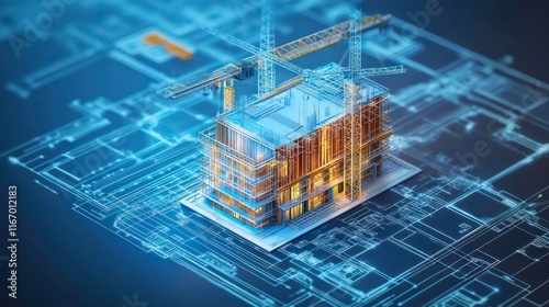 digital construction building information modeling bim concept with 3d model and blueprints vector illustration