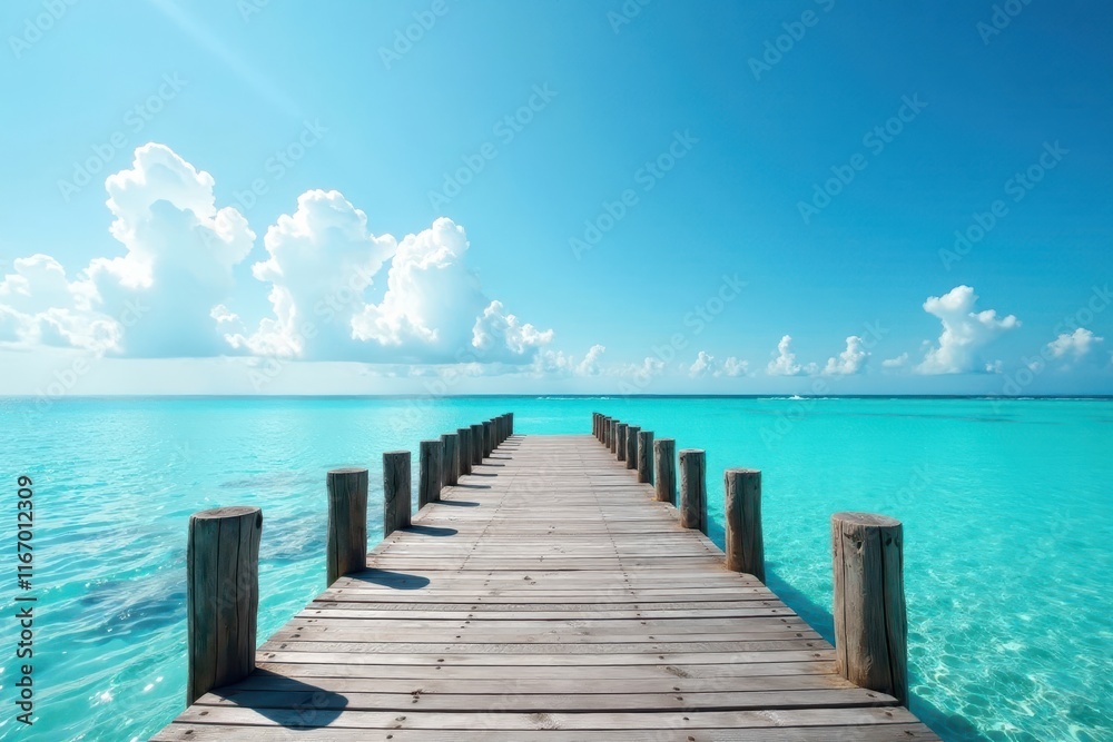Rustic gray wooden pier extends over tranquil blue sea under bright sky , summertime, sun, outdoor Rustic gray wooden pier extends over tranquil blue sea under bright sky , summertime, sun, outdoor
