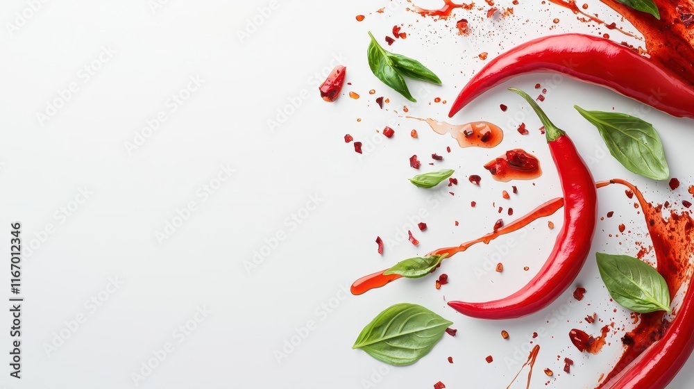 Red chili peppers with basil leaves and water splash on white background. Red chili peppers with basil leaves and water splash on white background.
