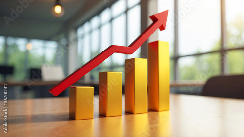 Business growth illustration featuring gold bar graph red arrow upward trend and modern office