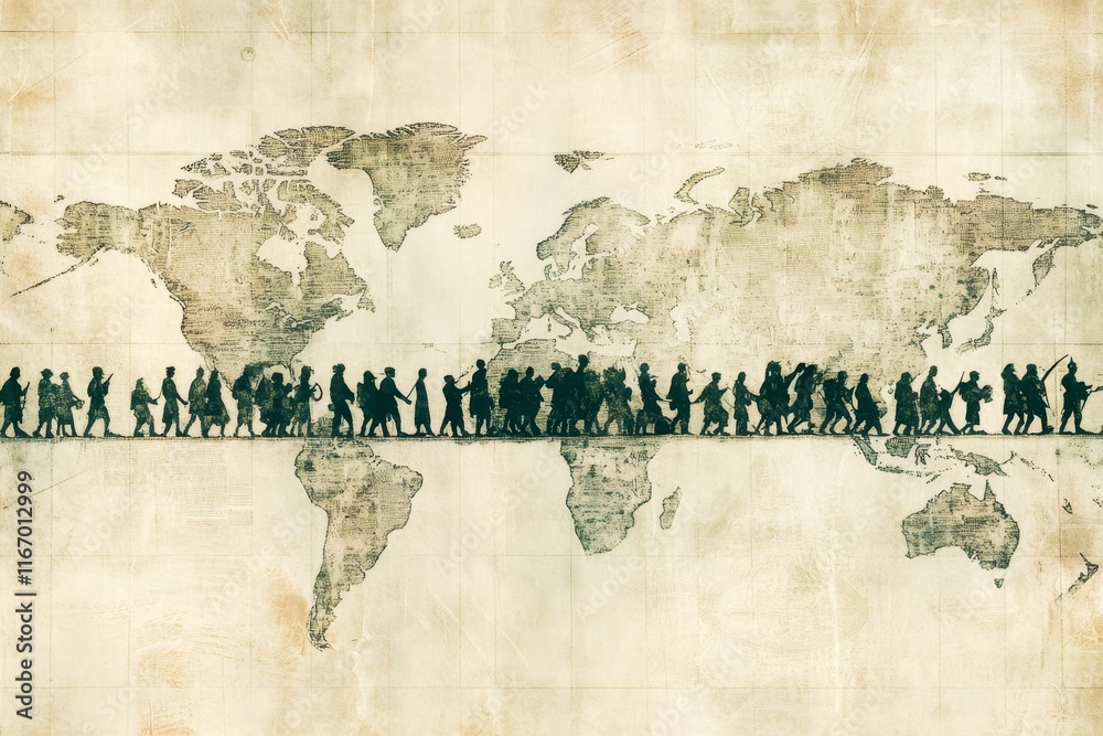 Obraz premium Global migration; silhouettes traverse antique world map.