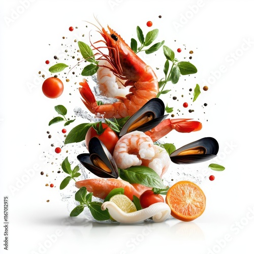 Fresh seafood ingredients like shrimp, mussels, lemon, herbs, and chili peppers.