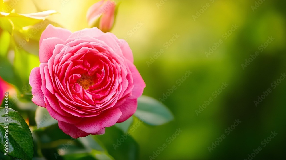 Pink rose in garden glowing in sunset rays, perfect for a summer banner with room for copy. Pink rose in garden glowing in sunset rays, perfect for a summer banner with room for copy.