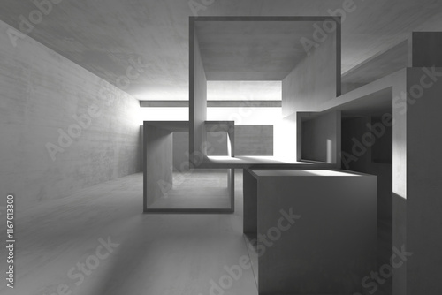 Fototapeta Naklejka Na Ścianę i Meble -  Abstract minimalist geometric sculpture in monochrome concrete interior. 3d render.