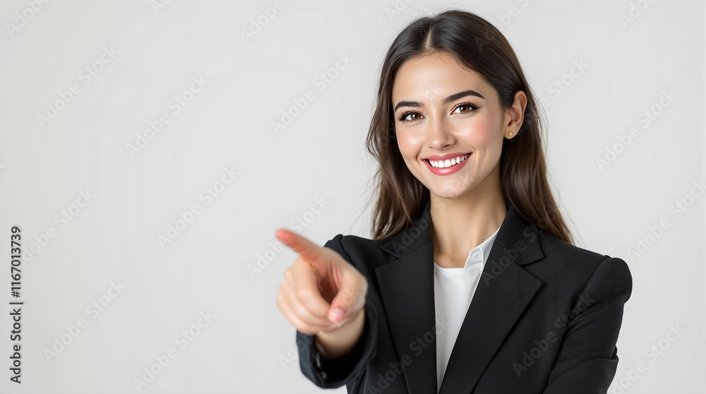 young, attractive woman pointing her finger directly at the viewer, with a confident and friendly expression. She is dressed in a professional black suit. young, attractive woman pointing her finger directly at the viewer, with a confident and friendly expression. She is dressed in a professional black suit.