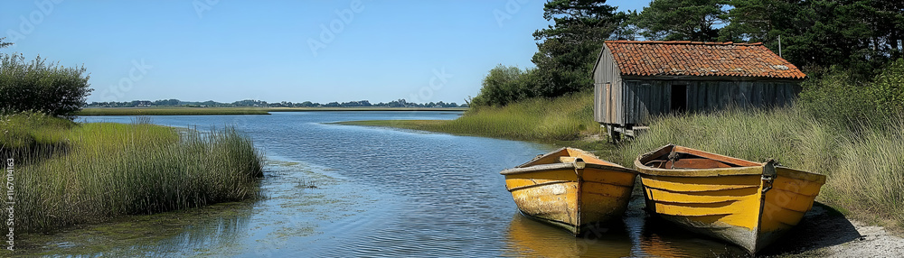 Tranquil River Landscape with Boats and Rustic Boathouse Photo Tranquil River Landscape with Boats and Rustic Boathouse Photo