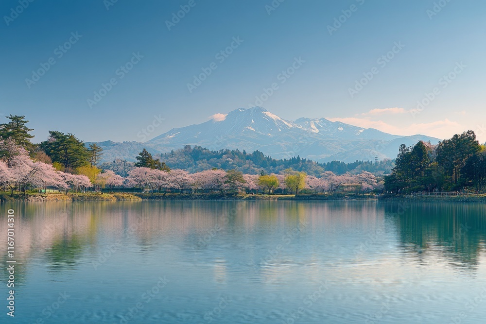 Obraz premium A serene scene of Mount Fuji with cherry blossoms in full bloom, the iconic mountain visible against a clear blue sky, and the lake's reflection adding to its beauty. The image captures the delicate