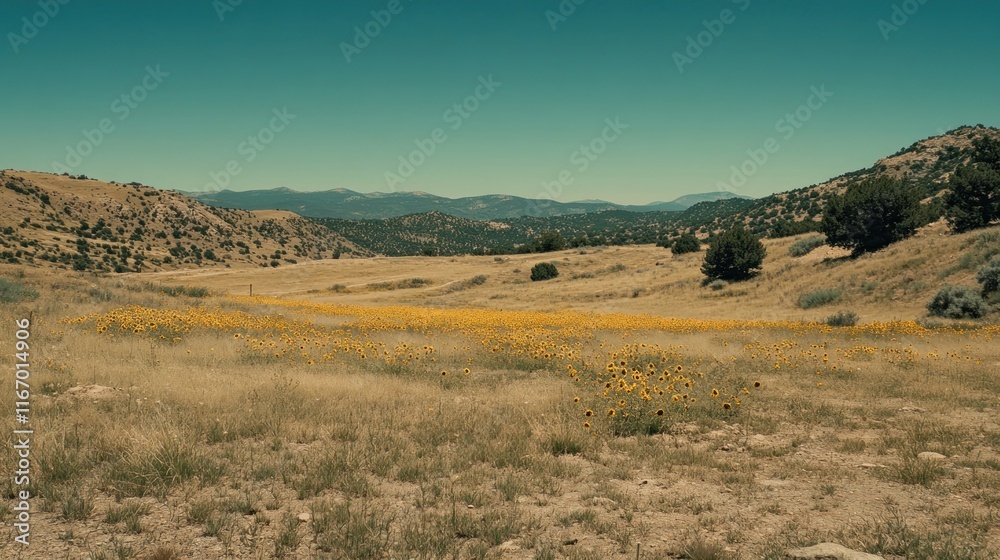 Sunflowers bloom in a vast, dry, mountainous landscape under a clear blue sky. Sunflowers bloom in a vast, dry, mountainous landscape under a clear blue sky.