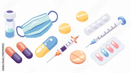 Medical Supplies and Tools - Four Medicines, Pills, Medical Mask, and Thermometer