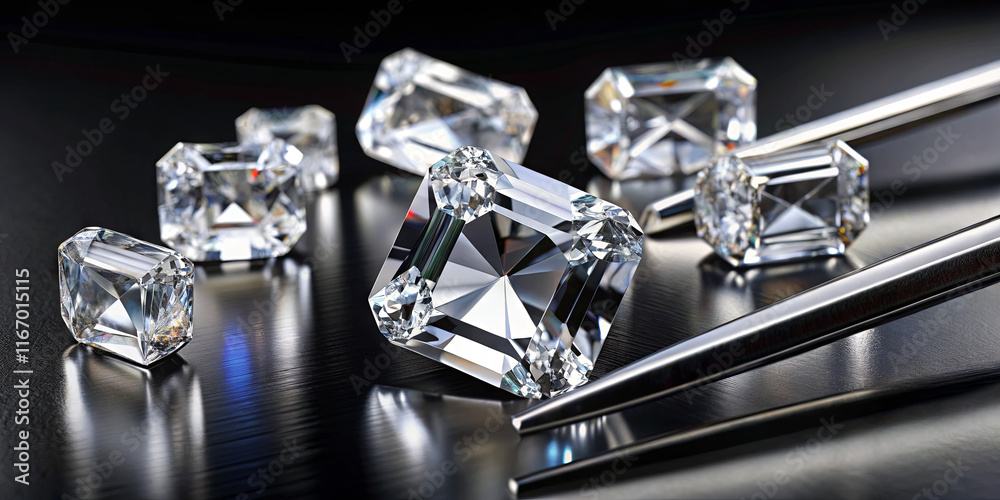 Various cut diamonds are displayed on a smooth dark surface alongside precision tools, highlighting their brilliance and intricate designs, capturing the essence of luxury Various cut diamonds are displayed on a smooth dark surface alongside precision tools, highlighting their brilliance and intricate designs, capturing the essence of luxury