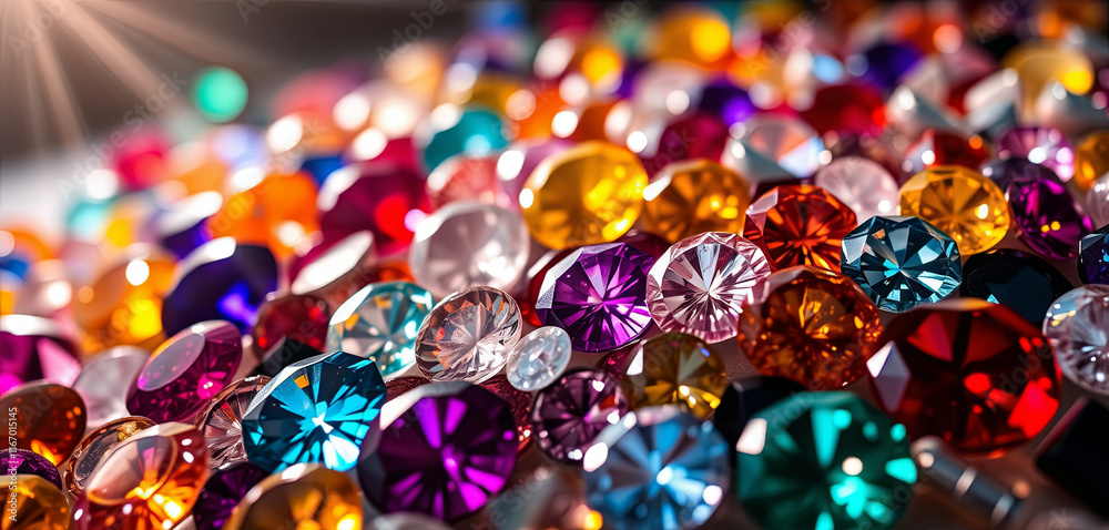 A vibrant collection of gems in multiple shapes and colors captures the light beautifully. The gems are arranged closely together, creating a dazzling display that showcases their brilliance