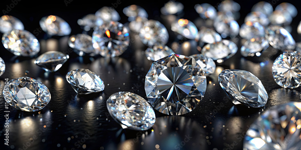 Brilliant diamonds are arranged haphazardly on a smooth black surface, refracting light and showcasing their dazzling clarity. Each stone glimmers attractively, enhancing the atmosphere of opulence Brilliant diamonds are arranged haphazardly on a smooth black surface, refracting light and showcasing their dazzling clarity. Each stone glimmers attractively, enhancing the atmosphere of opulence