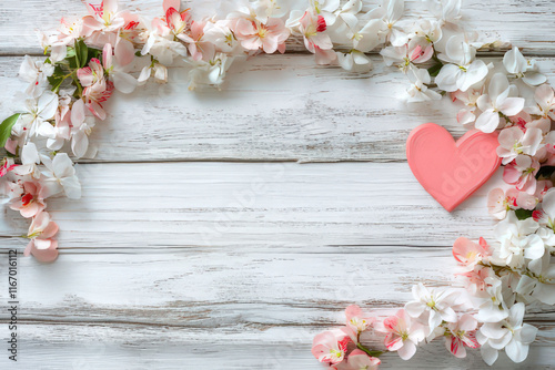 Hearts with flowers on wooden ground with space for text, Valentine's Day Card, Background