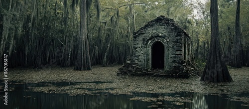 Enchanting swampland enclave with a mysterious archway shrouded in mist and surrounded by moss covered cypress trees creating an eerie dark and captivating atmosphere  This haunting