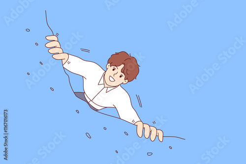 Business venture for man taking risky action and hanging off edge of cliff. Business venture for brave and courageous office clerk who wants sharp career growth or increase in salary