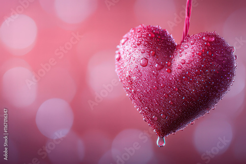 Pink heart with waterdrops in front of a bokeh background with space for text, Valentine's Day Card, Background
