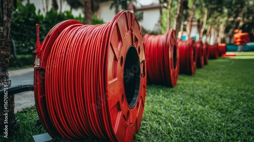 Red High Voltage Distribution Cable Reels on Green Grass in Residential Area. Urban infrastructure, electrical energy distribution, and industrial supply themes photo