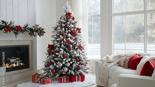 Christmas tree beautifully decorated with red and silver ornaments